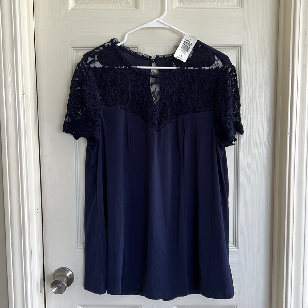 Torrid Navy Crepe Lace Illusion Neckline Short Sleeve Top